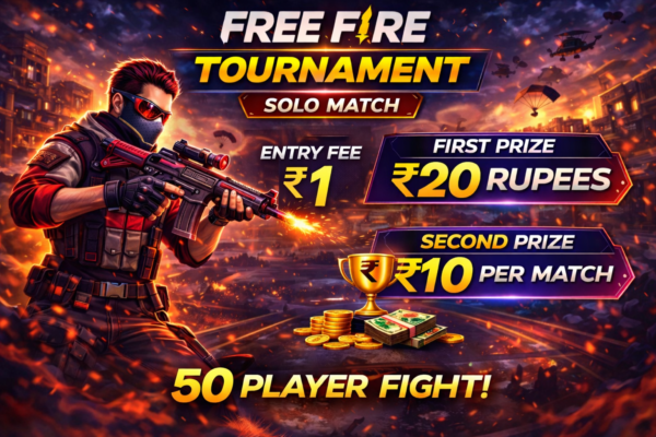 SOLO MATCH  Entry Fee: ₹1 Rupees  First Prize: ₹20 Rupees  Second Prize: ₹10 Per Match  50 Player Fight!