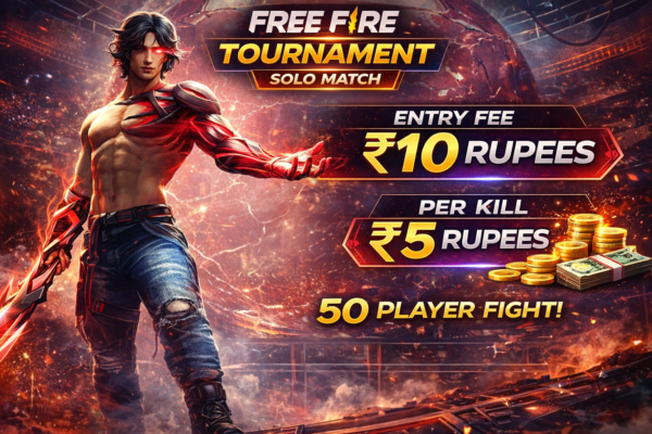 FREE FIRE TOURNAMENT  SOLO MATCH  Entry Fee: ₹10 Rupees  Per Kill: ₹5 Rupees  50 Player Fight